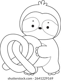 Outline of Funny baby sloth animal series stock. Lineart of fluffy sloth. outline of sloth bring a waffle
