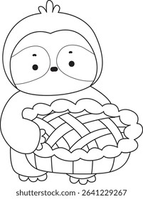 Outline of Funny baby sloth animal series stock. Lineart of fluffy sloth. outline of sloth bring a pie Cherry
