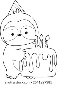 Outline of Funny baby sloth animal series stock. Lineart of fluffy sloth. outline of sloth bring a birthday cake
