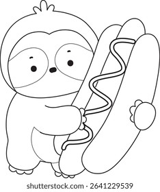 Outline of Funny baby sloth animal series stock. Lineart of fluffy sloth. outline of sloth bring a hot dog
