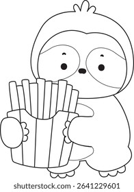 Outline of Funny baby sloth animal series stock. Lineart of fluffy sloth. outline of sloth bring a french fries

