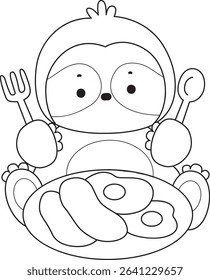 Outline of Funny baby sloth animal series stock. Lineart of fluffy sloth. outline of sloth want to eating bacon and eggs
