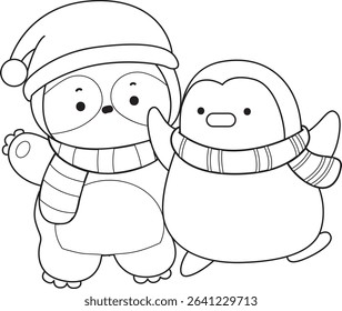 Outline of Funny baby sloth animal series stock. Lineart of fluffy sloth. outline of sloth with penguin
