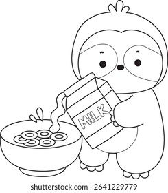 Outline of Funny baby sloth animal series stock. Lineart of fluffy sloth. outline of sloth pouring a milk into cereal bowl
