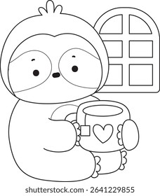 Outline of Funny baby sloth animal series stock. Lineart of fluffy sloth. outline of sloth drinking a hot tea
