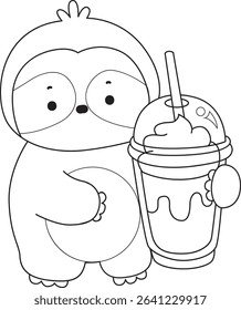 Outline of Funny baby sloth animal series stock. Lineart of fluffy sloth. outline of sloth bring a milkshake