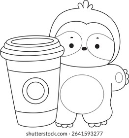 Outline of Funny baby sloth animal series stock. Lineart of fluffy sloth. outline of sloth bring a cup of coffee
