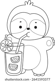 Outline of Funny baby sloth animal series stock. Lineart of fluffy sloth. outline of sloth drinking an orange juice

