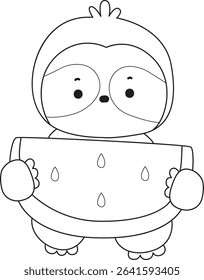 Outline of Funny baby sloth animal series stock. Lineart of fluffy sloth. outline of sloth bring a watermelon
