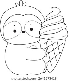 Outline of Funny baby sloth animal series stock. Lineart of fluffy sloth. outline of sloth bring an ice cream
