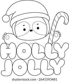 Outline of Funny baby sloth animal series stock. Lineart of fluffy sloth.
outline of santa sloth with holly Jolly text
