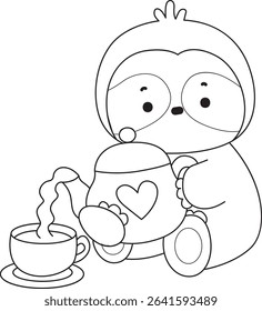 Outline of Funny baby sloth animal series stock. Lineart of fluffy sloth. outline of sloth pouring a tea.