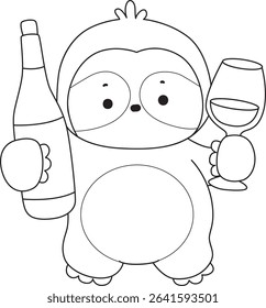 Outline of Funny baby sloth animal series stock. Lineart of fluffy sloth. outline of sloth bring a bottle of beer