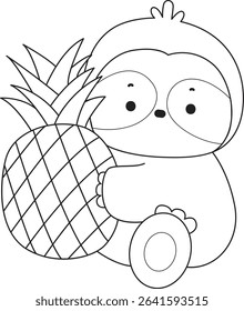 Outline of Funny baby sloth animal series stock. Lineart of fluffy sloth. outline of sloth bring a pineapple
