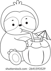 Outline of Funny baby sloth animal series stock. Lineart of fluffy sloth.
outline of sloth drinking a coconut drink