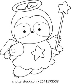 Outline of Funny baby sloth animal series stock. Lineart of fluffy sloth. outline of sloth wearing an angel costume
