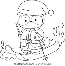 Outline of Funny baby sloth animal series stock. Lineart of fluffy sloth. outline of Santa sloth playing an ice skating
