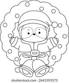 Outline of Funny baby sloth animal series stock. Lineart of fluffy sloth. outline of Santa sloth in the door decoration 