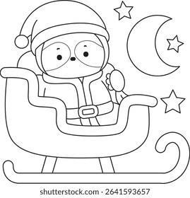 Outline of Funny baby sloth animal series stock. Lineart of fluffy sloth. outline of Santa sloth riding a train
