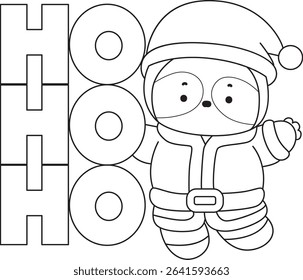 Outline of Funny baby sloth animal series stock. Lineart of fluffy sloth. outline of Santa sloth with ho ho ho text
