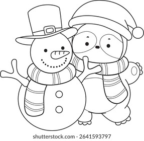 Outline of Funny baby sloth animal series stock. Lineart of fluffy sloth. outline of sloth with snowman