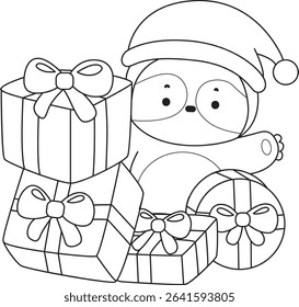 Outline of Funny baby sloth animal series stock. Lineart of fluffy sloth.
outline of Santa sloth with a lot of gift
