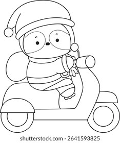 Outline of Funny baby sloth animal series stock. Lineart of fluffy sloth. outline of Santa sloth driving a scooter
