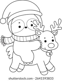 Outline of Funny baby sloth animal series stock. Lineart of fluffy sloth. outline of sloth riding a reindeer
