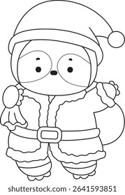Outline of Funny baby sloth animal series stock. Lineart of fluffy sloth. outline of sloth wearing Santa costume