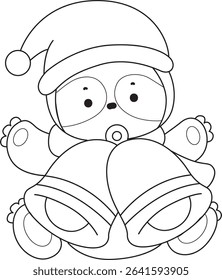 Outline of Funny baby sloth animal series stock. Lineart of fluffy sloth. outline of Santa sloth with bells
