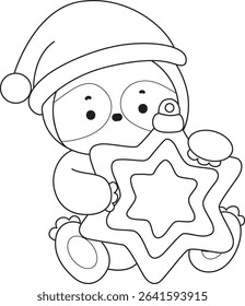 Outline of Funny baby sloth animal series stock. Lineart of fluffy sloth. outline of Santa sloth bring a star decoration 
