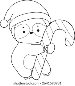 Outline of Funny baby sloth animal series stock. Lineart of fluffy sloth. outline of sloth bring a candy christmas