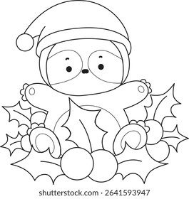 Outline of Funny baby sloth animal series stock. Lineart of fluffy sloth. outline of sloth with Christmas plants
