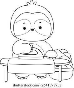 Outline of Funny baby sloth animal series stock. Lineart of fluffy sloth. outline of sloth ironing the clothes

