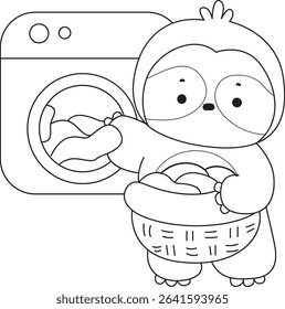 Outline of Funny baby sloth animal series stock. Lineart of fluffy sloth. outline of sloth washing a clothes in the washing machine