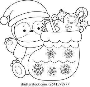Outline of Funny baby sloth animal series stock. Lineart of fluffy sloth. outline of Santa sloth with red socks
