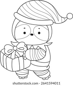 Outline of Funny baby sloth animal series stock. Lineart of fluffy sloth. outline of dwarf sloth bring a gift box
