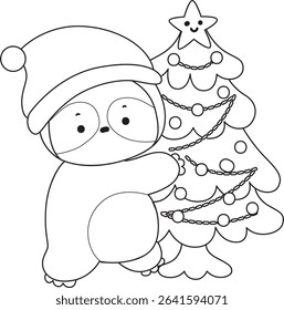 Outline of Funny baby sloth animal series stock. Lineart of fluffy sloth. outline of sloth with Christmas tree
