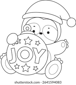 Outline of Funny baby sloth animal series stock. Lineart of fluffy sloth. outline of Santa sloth with Joy decoration