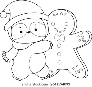 Outline of Funny baby sloth animal series stock. Lineart of fluffy sloth. outline of sloth with ginger bread