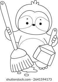 Outline of Funny baby sloth animal series stock. Lineart of fluffy sloth. outline of sloth cleaning the floor with broom and duster