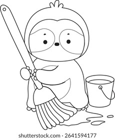 Outline of Funny baby sloth animal series stock. Lineart of fluffy sloth. outline of sloth cleaning the floor with mop and water