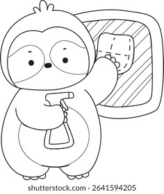 Outline of Funny baby sloth animal series stock. Lineart of fluffy sloth. outline of sloth cleaning the window with spray and wipe