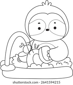 Outline of Funny baby sloth animal series stock. Lineart of fluffy sloth. outline of sloth cleaning the plate in the sink
