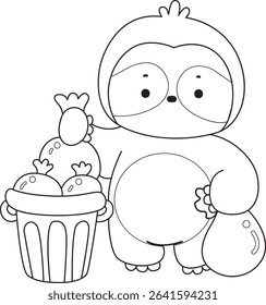 Outline of Funny baby sloth animal series stock. Lineart of fluffy sloth. outline of sloth throw the garbage into its place