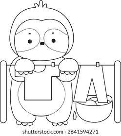 Outline of Funny baby sloth animal series stock. Lineart of fluffy sloth. outline of sloth dry and clean the clothes under the sun