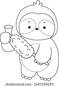 Outline of Funny baby sloth animal series stock. Lineart of fluffy sloth. outline of sloth cleaning the vase with feather duster
