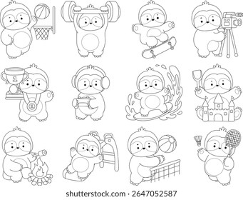 Contorno do estoque de animais de preguiça engraçada bebê. Colorir páginas de Vida lenta de desenhos de preguiça fofa. Contorno de preguiça na variação do esporte e treino