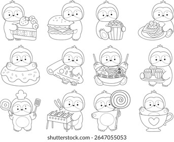 Outline of Funny baby sloth animal series stock illustration. Coloring pages of Slow life of fluffy sloth designs. Outline of sloth in the variation of junk food and dessert