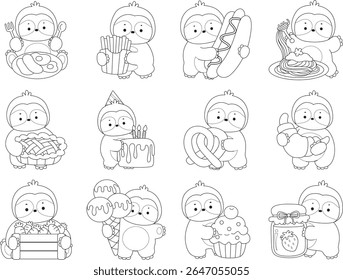 Contorno da ilustração de estoque de animais engraçados de preguiça de bebê. Colorir páginas de Vida lenta de desenhos de preguiça fofa. Contorno de preguiça na variação de fast-food e lanche